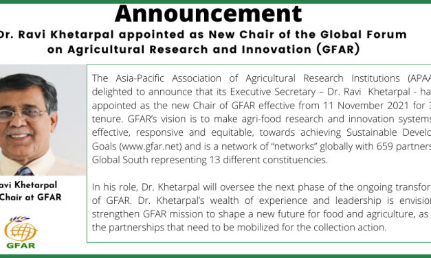 Dr. Ravi Khetarpal appointed as New Chair of the Global Forum on Agricultural Research and Innovation (GFAR)