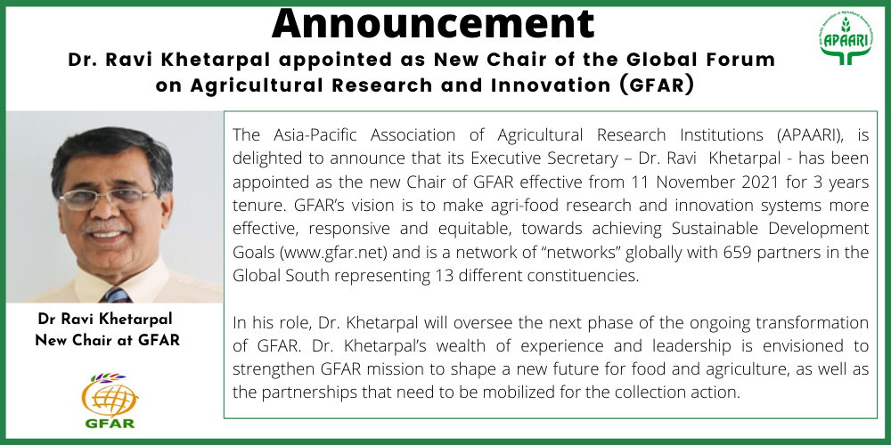 Dr. Ravi Khetarpal appointed as New Chair of the Global Forum on Agricultural Research and Innovation (GFAR)