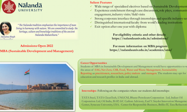 Admissions Open for MBA in Sustainable Development and Management at Nalanda University, India